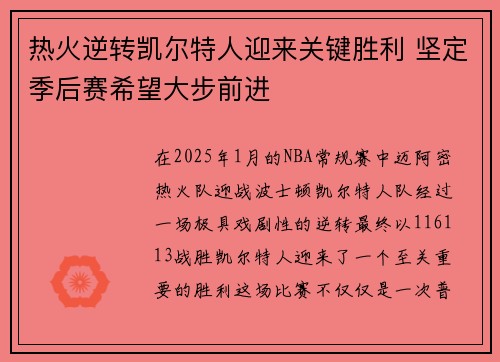 热火逆转凯尔特人迎来关键胜利 坚定季后赛希望大步前进